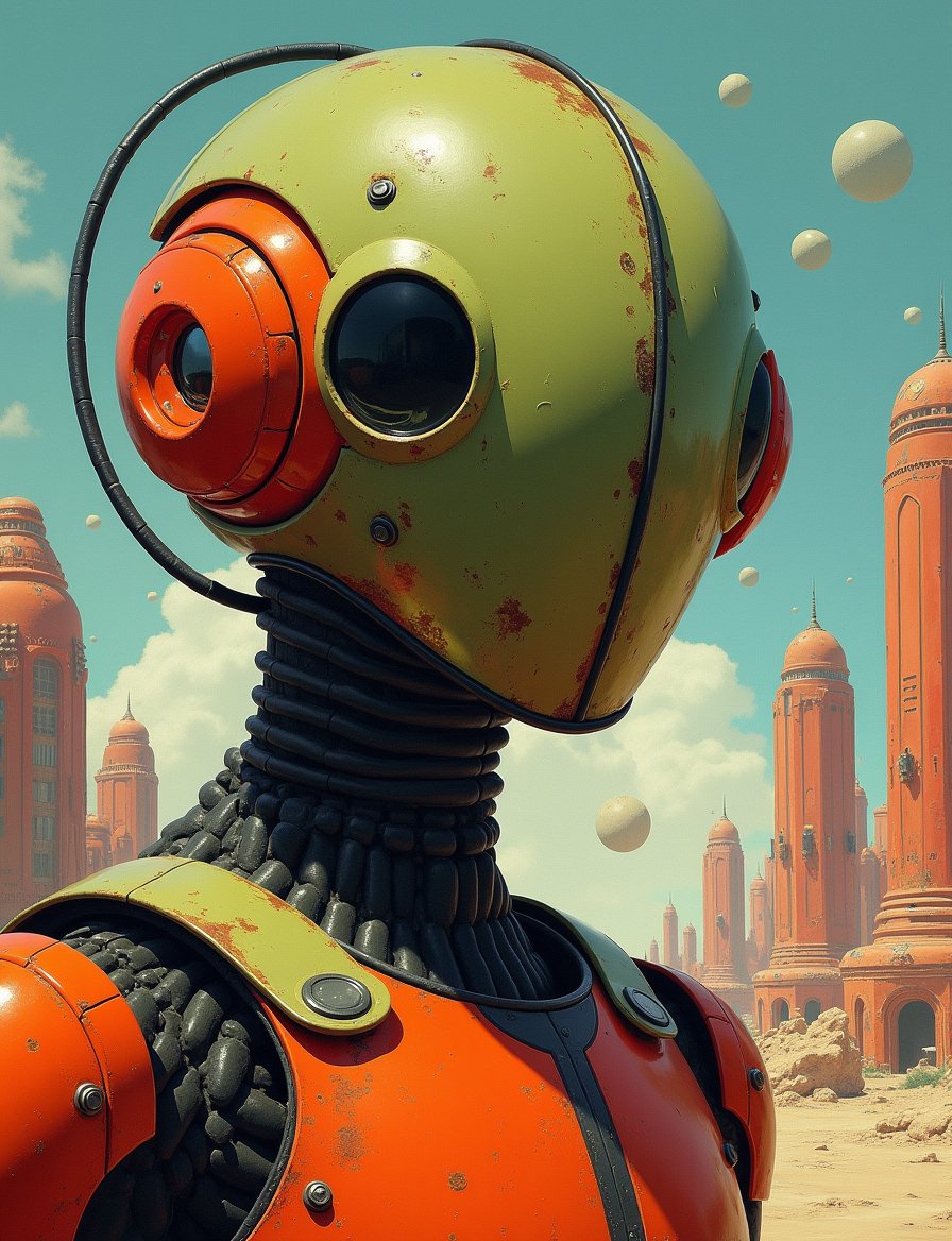 1950s retro sci-fi painting of a head and shoulders portrait,  male ,  a anthropomorphic bug robot spherical bounty hunter...