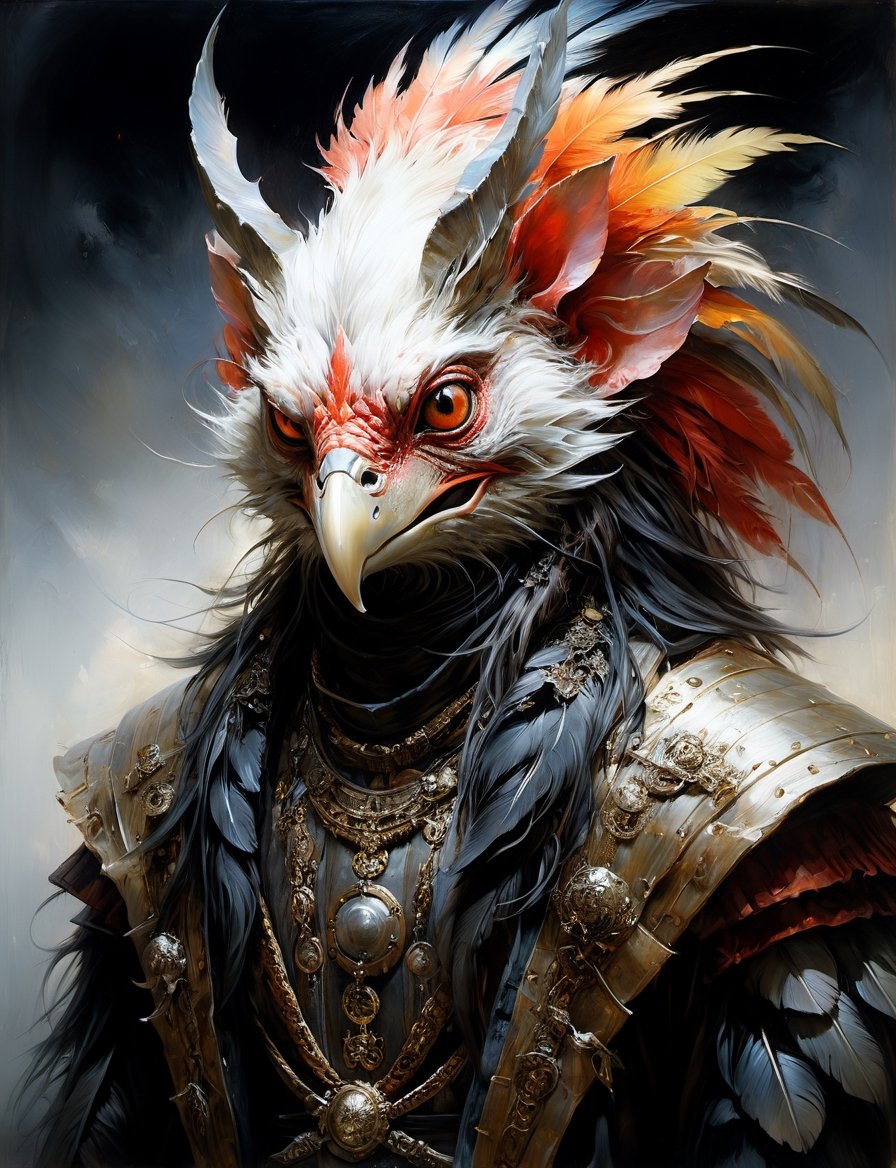 head and shoulders portrait,  anthropomorphic Hybrid bird alien pirate animal oni,  wearing traditional clothing by Crysta...