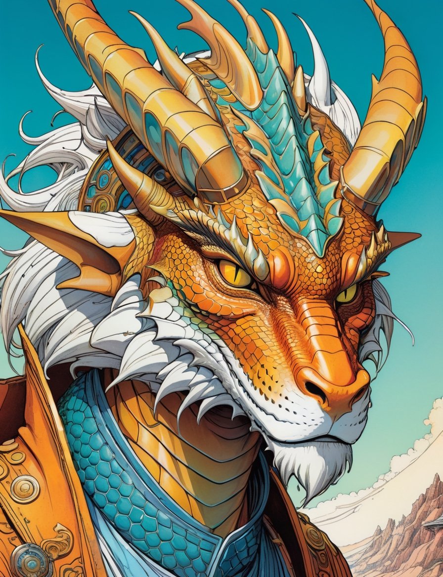 Jean Giraud ((Moebius style)),  head and shoulders Portrait of a anthropomorphic fusion with animal space monk cyborg,  ba...