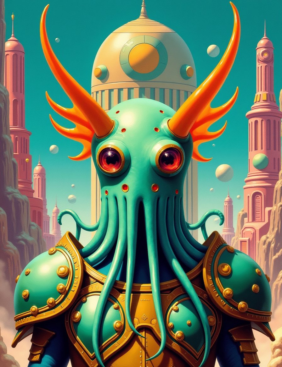 1950s retro sci-fi painting of a head and shoulders portrait,  a anthropomorphic gelatinous nudibranch warrior ,  wearing...
