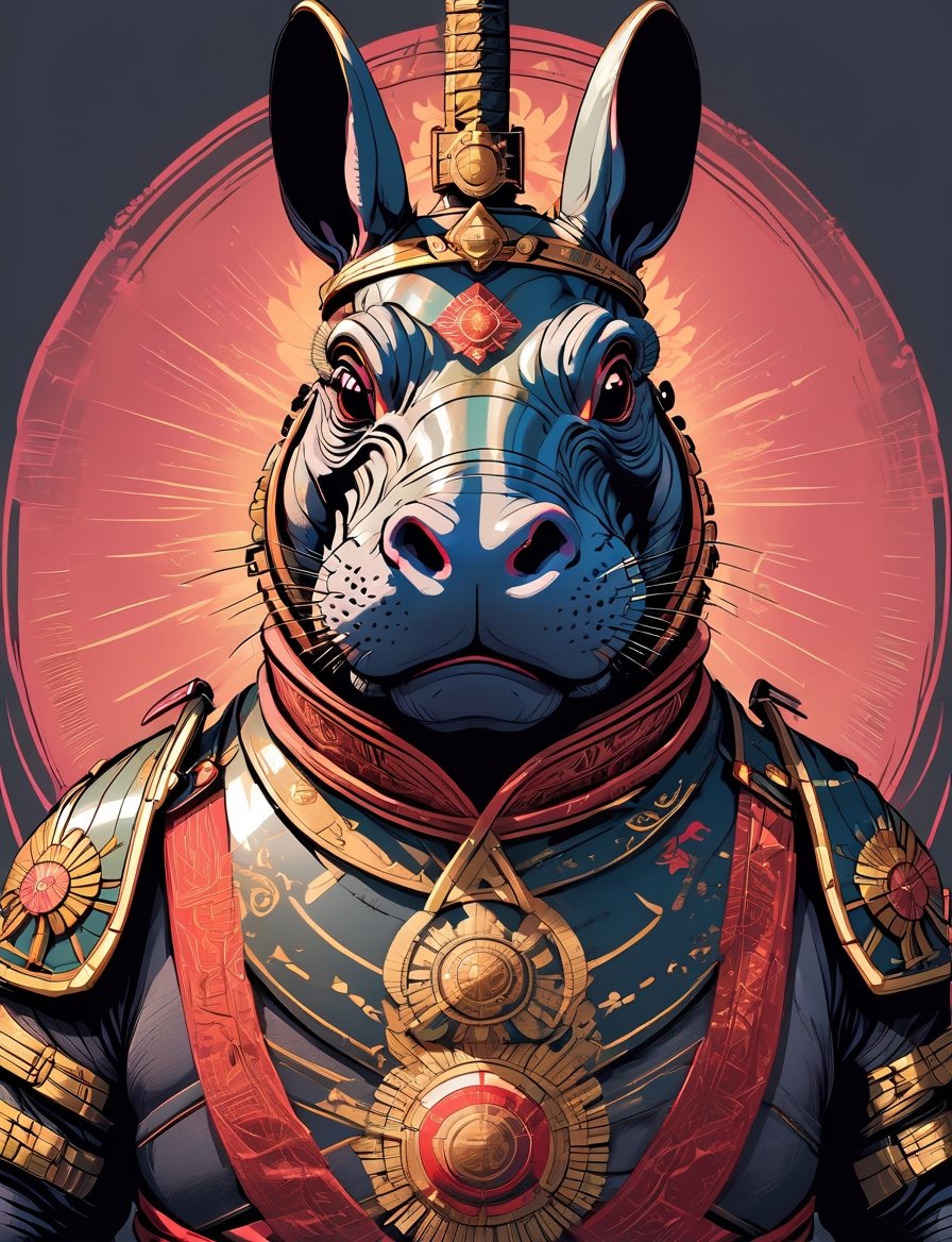 head and shoulders portrait, (hippo rabbit :1.5) warrior, wearing armor, colorful, symmetrical precise detail, symmetrical features, (flat silkscreen:1.5) , wearing mask, pastel-color, creative, dark flat color background ,oni style