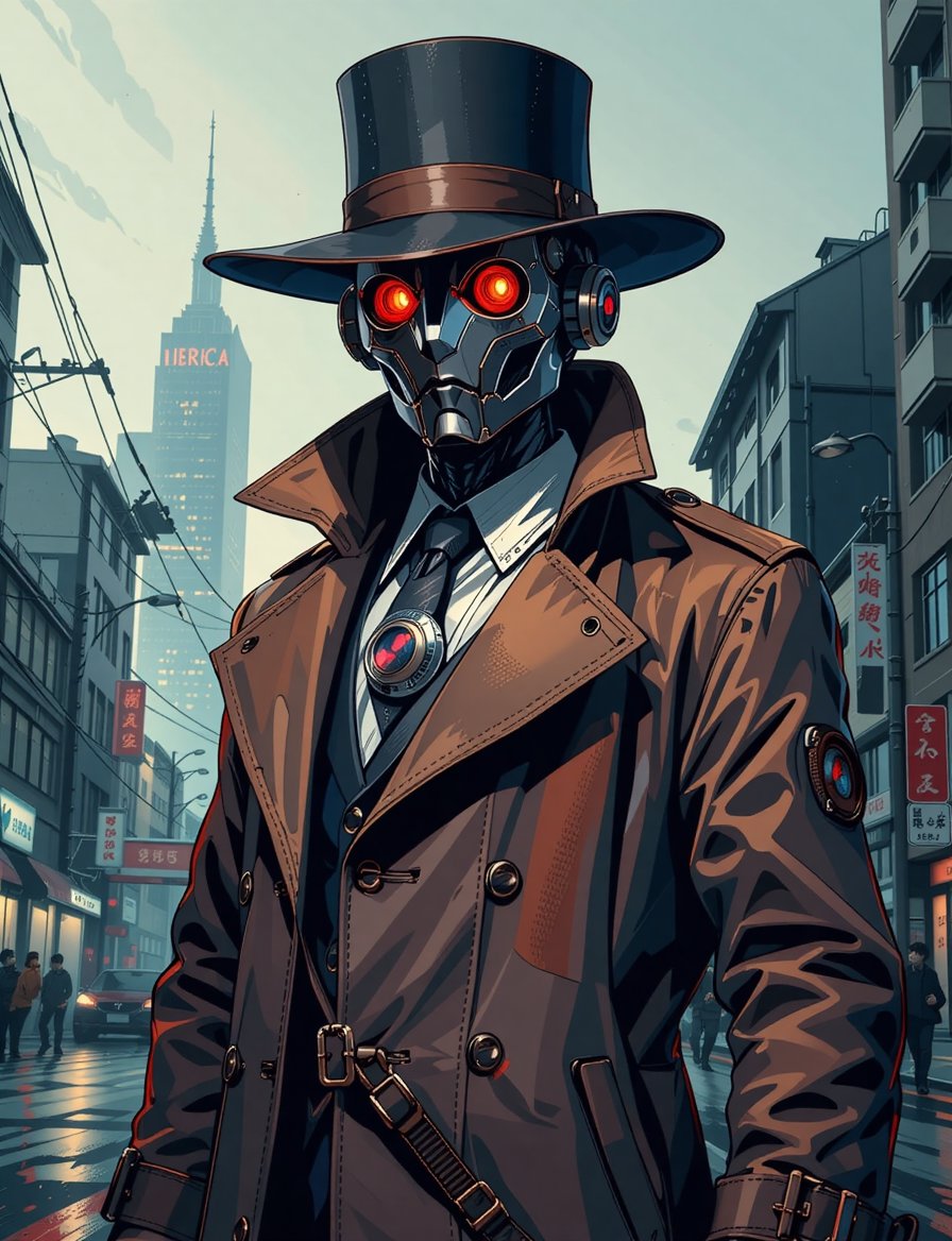 ) (Comic style),  anime 8k Wallpaper. A head and shoulders portrait of a mysterious robotic figure clad in a dark,  vintag...