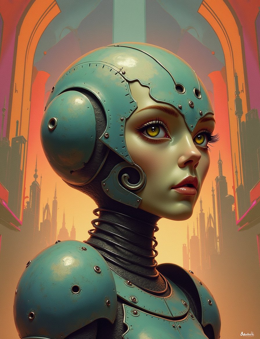 1950s retro sci-fi painting of a head and shoulders portrait,  male ,  a anthropomorphic spherical robot big warrior by Cr...