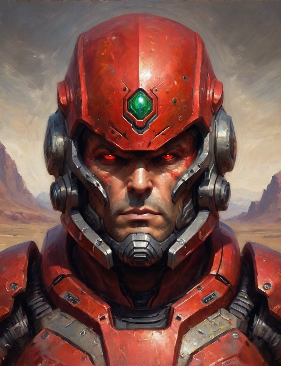 head and shoulders portrait,  red alien in spartan power armor looking down on the viewer,  wide range of colors by Crysta...