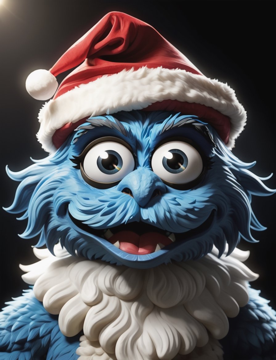 (4k 4d rfktrstyle silly fluffy cookie monster with big googly eyes,  wearing holiday outfit,  Santa hat by Crystalballmech...