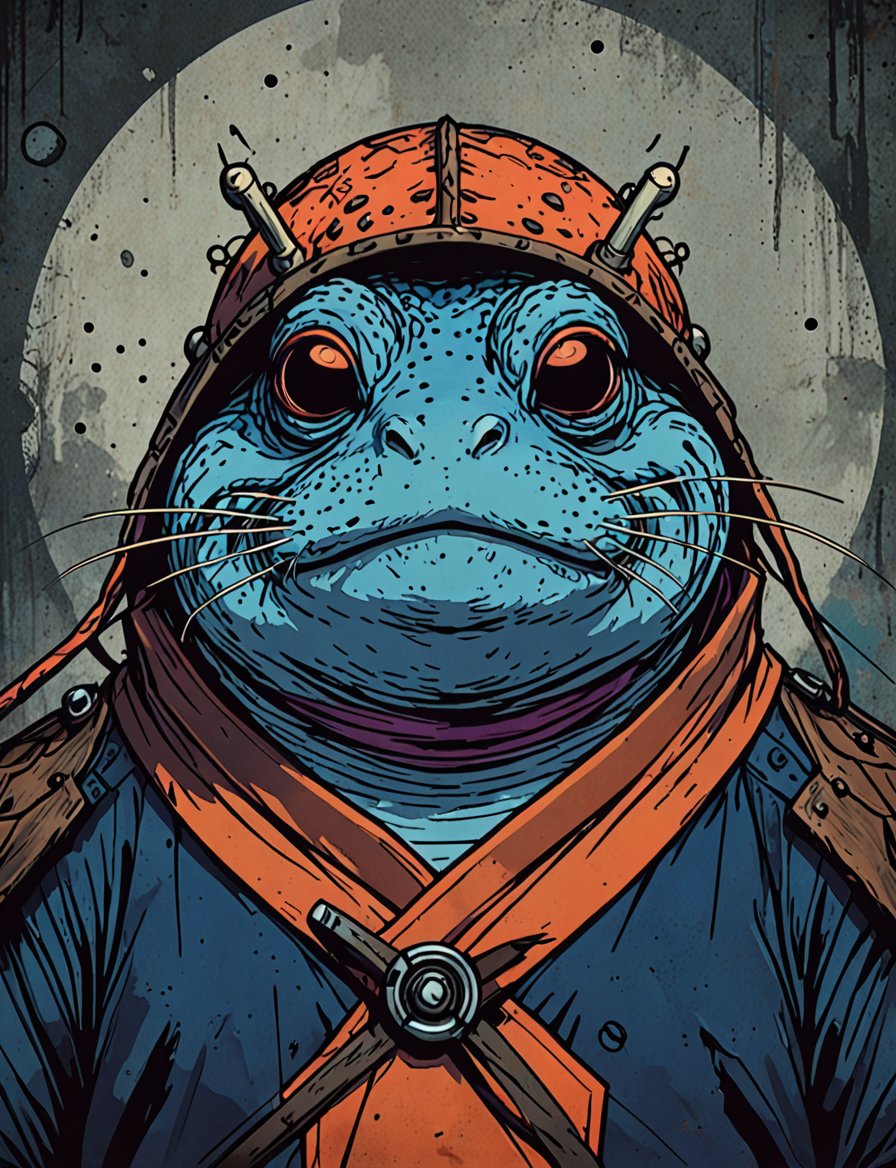 (close up, head and shoulders portrait:1.5), red, orange, blue, violet gradient ,(anthromorphic toad muskrat :1.5), samurai, wearing samurai armor, (strong outline sketch style:1.5), symmetrical features, gritty fantasy, (darkest dungeon art style :1.4), dark muted background, detailed, one_piece_wano_style, Dark Manga of