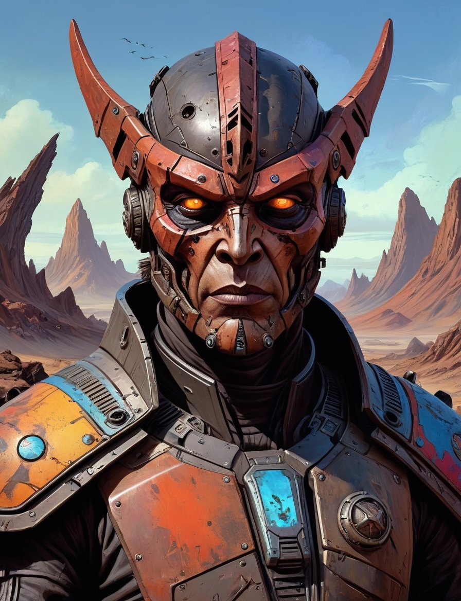 head and shoulders portrait,  A post-apocalyptic alien Klingon wearing a patched-together outfit in dystopian style,  rust...