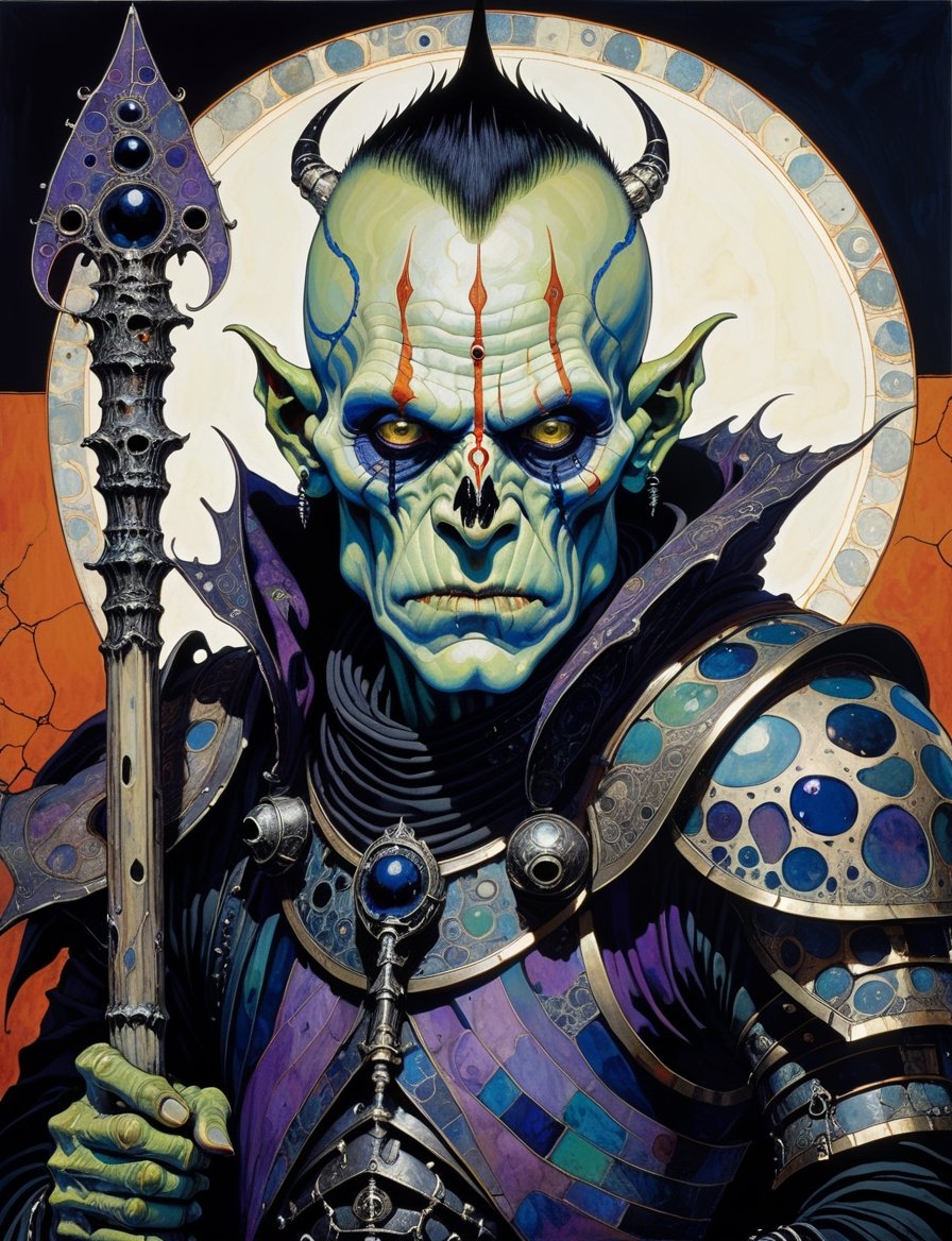 Painting of an orc necromancer with a wicked staff and bone armor,  face paint,  in the style of harry clarke and gustav k...