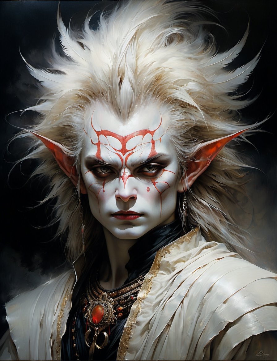 head and shoulders portrait,  anthropomorphic Hybrid bird alien goblin king animal oni,  wearing traditional clothing by C...