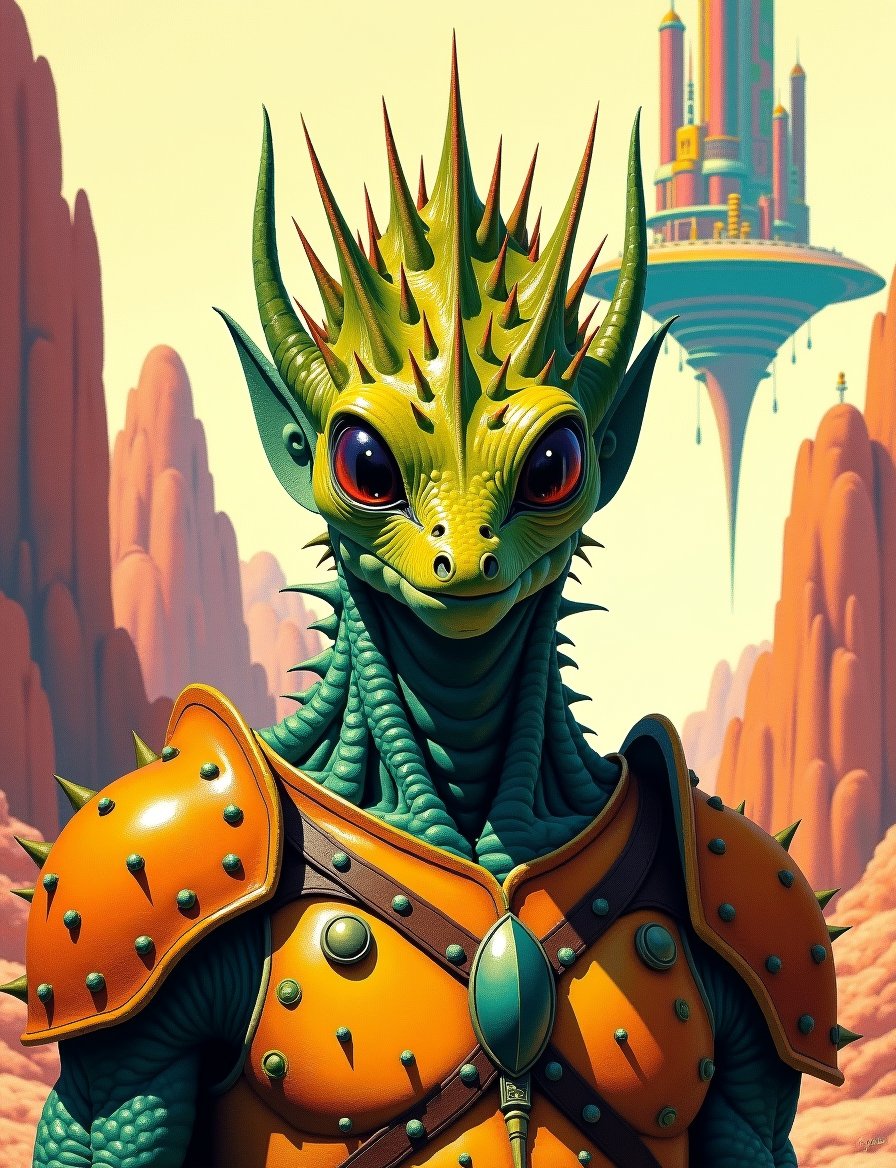 1950s retro sci-fi painting of a head and shoulders portrait,  a anthropomorphic scaled warrior ,  wearing armor with intr...
