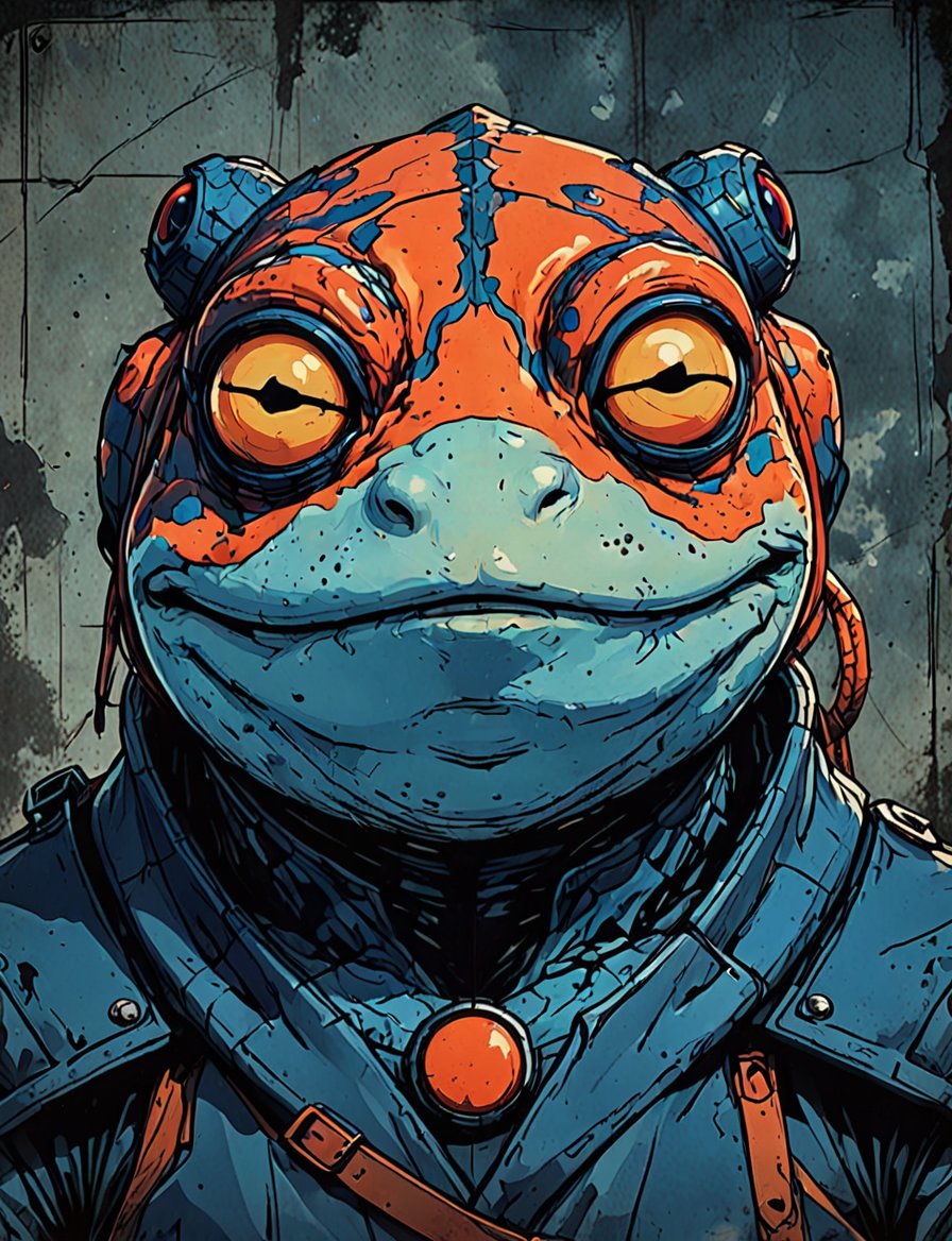 (close up, head and shoulders portrait:1.5), red, orange, blue gradient ,(anthropomorphic toad :1.5), (angular shapes:1.7), samurai, wearing samurai armor, (strong outline sketch style:1.5), symmetrical features, gritty fantasy, (darkest dungeon art style :1.4), dark muted background, detailed, Dark Manga of,Dark Anime of,comic book