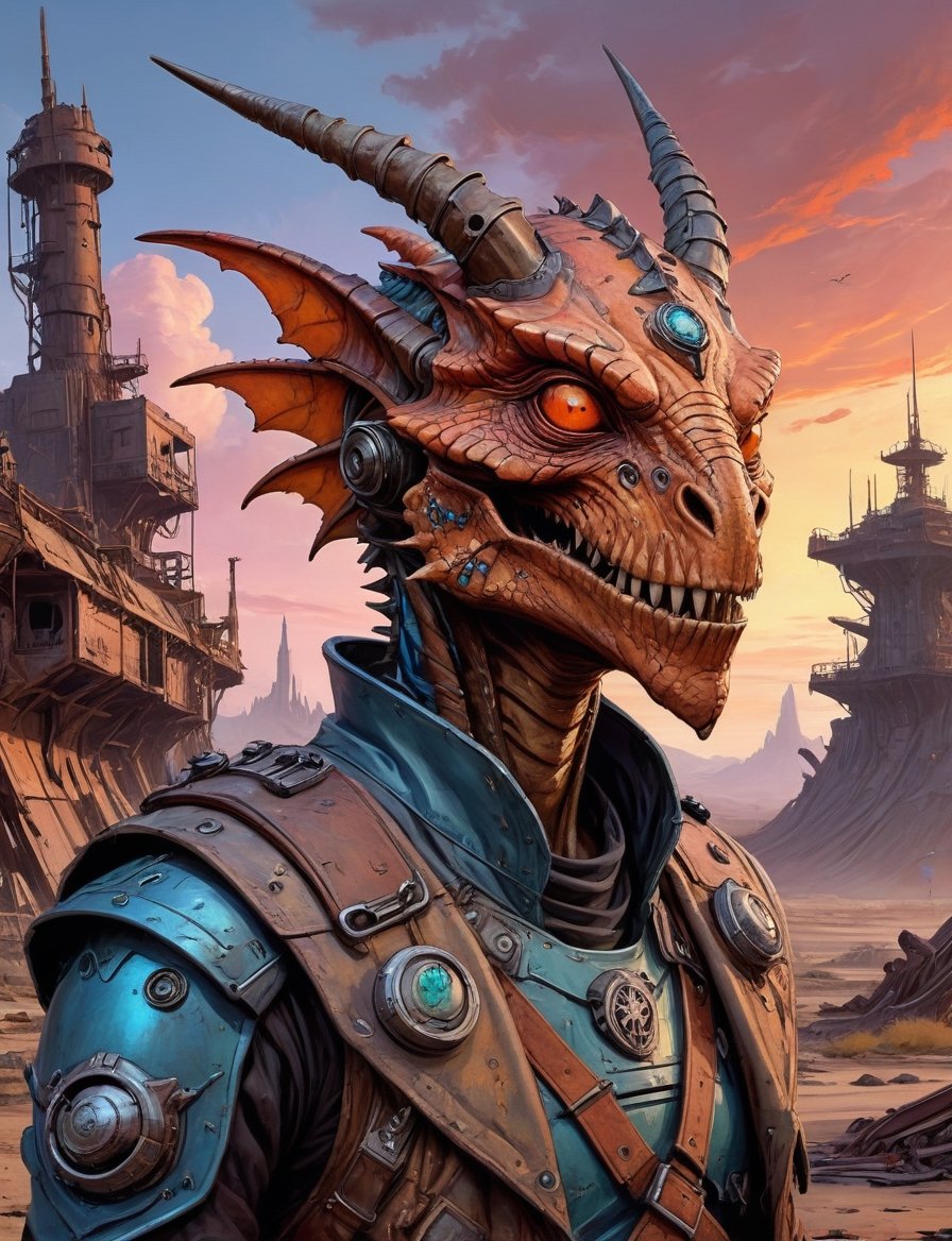 head and shoulders portrait,  A post-apocalyptic alien dragonkin wearing a patched-together outfit in dystopian style,  ca...