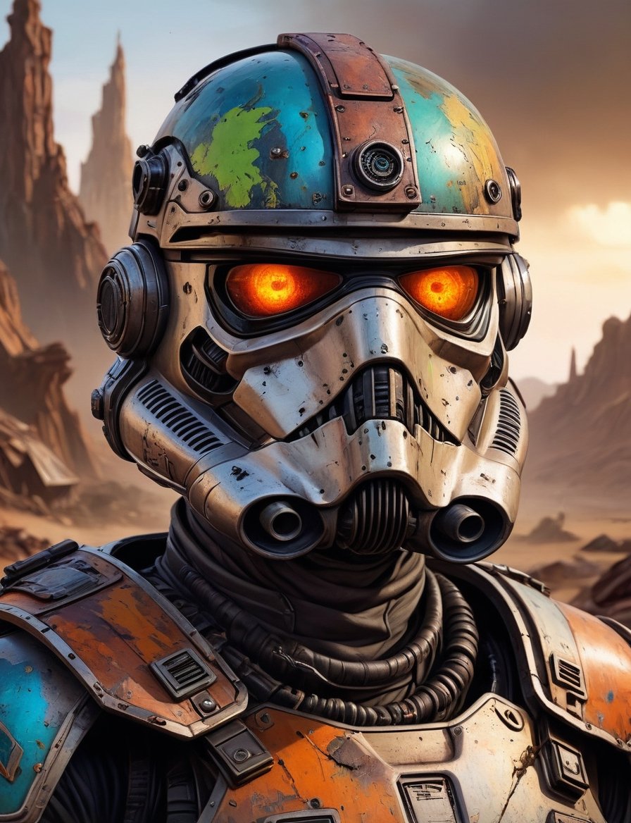 head and shoulders portrait,  A post-apocalyptic alien stormtrooper wearing a patched-together outfit in dystopian style,...