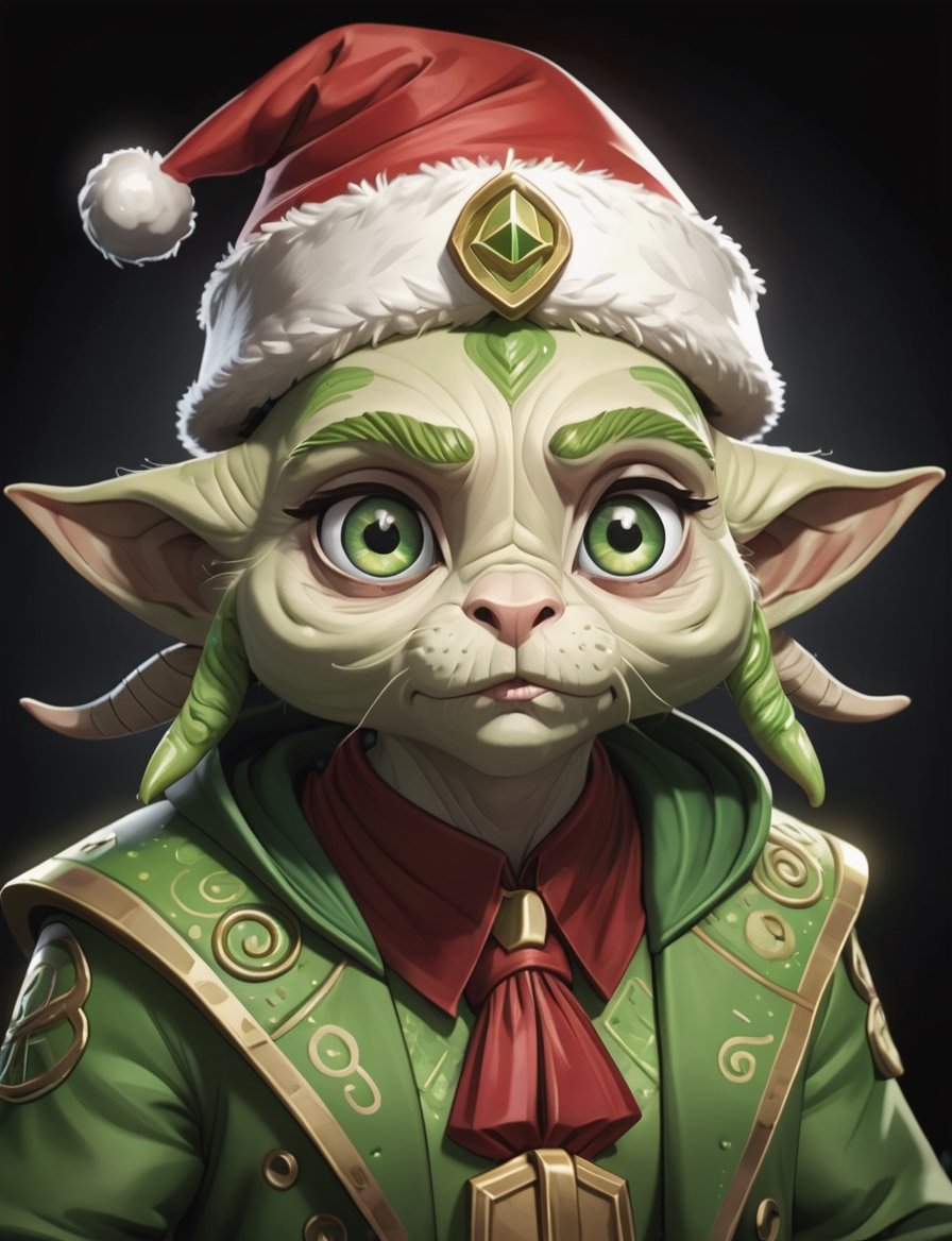 (4k 4d rfktrstyle silly green alien with big eyes,  wearing holiday coat and outfit,  Santa hat by Crystalballmech on Tens...