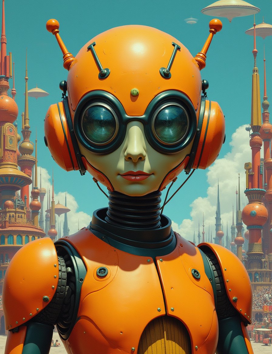 1950s retro sci-fi painting of a head and shoulders portrait,  male ,  a anthropomorphic bug robot spherical bounty hunter...