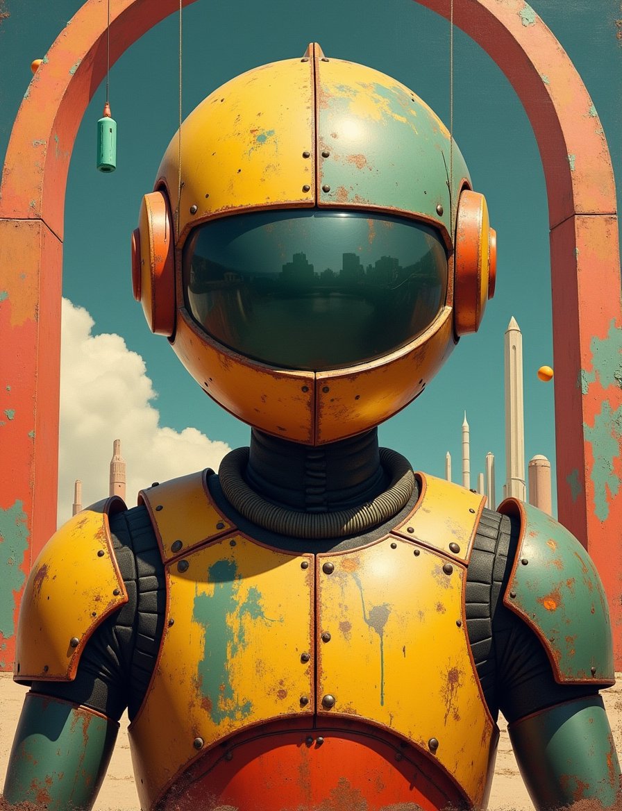 1950s retro sci-fi painting of a head and shoulders portrait,  male ,  a anthropomorphic spherical robot bounty hunter by...
