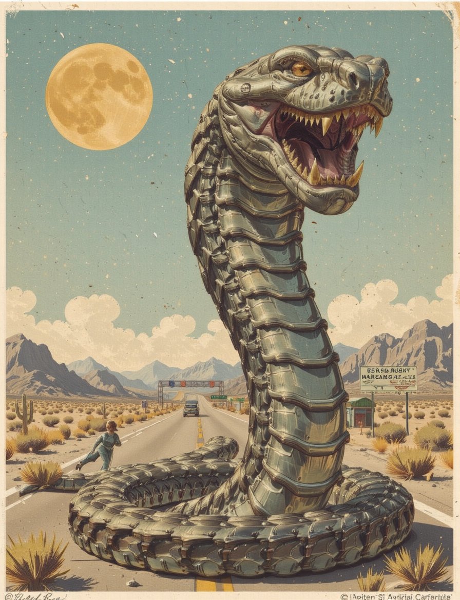 A iron giant snake worm styled with 1950s American vintage aesthetics,  featuring retro metallic designs and a desert high...
