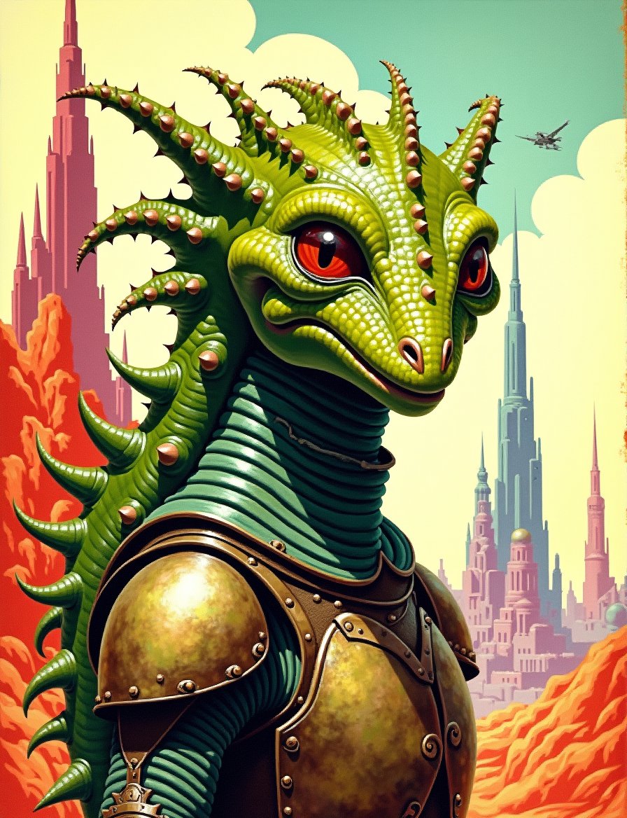 1950s retro sci-fi painting of a head and shoulders portrait,  a anthropomorphic scaled warrior ,  wearing armor with intr...
