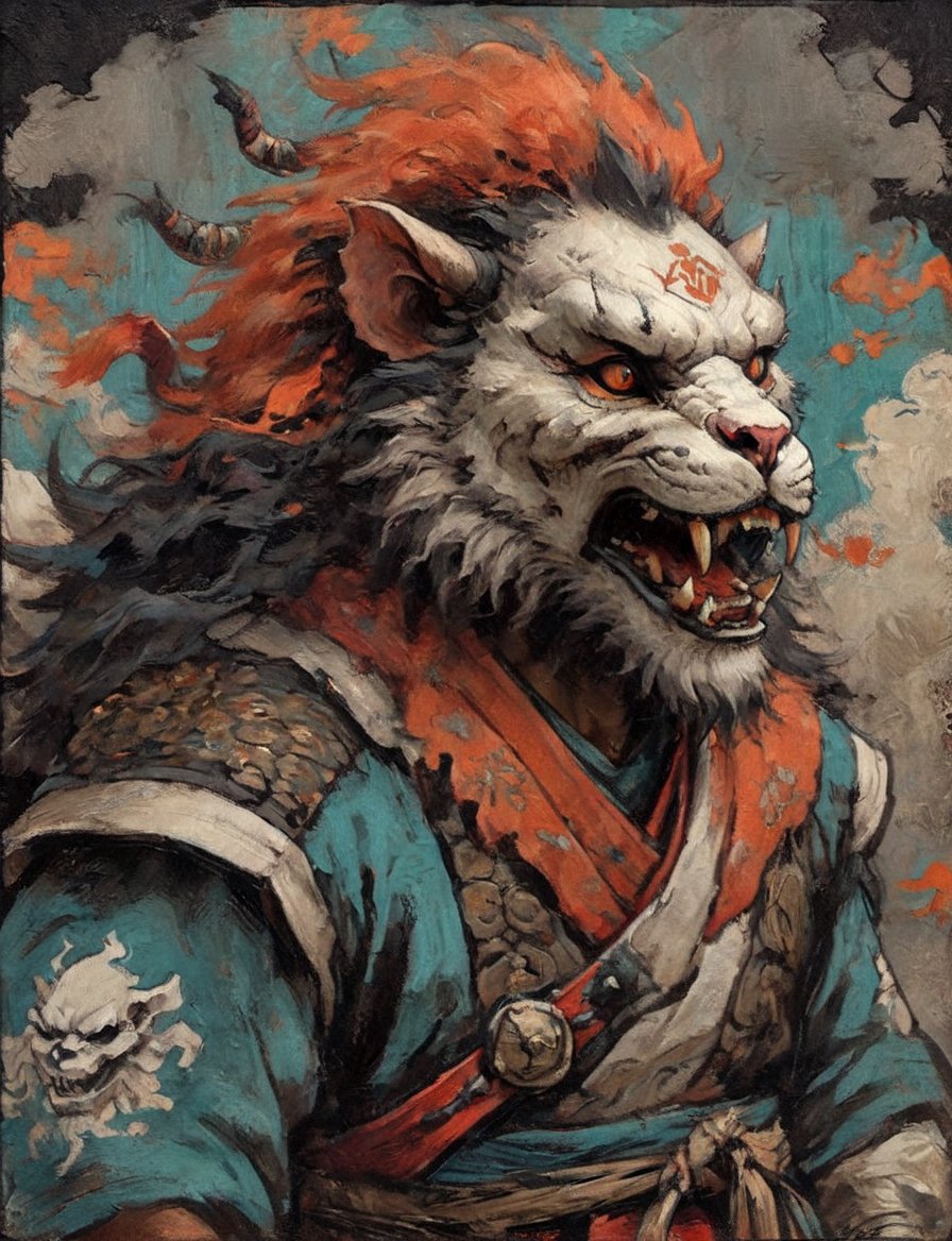 (close up, head and shoulders portrait:1.3), anthromorphic ( manticore :1.4) neck and chest fur, wearing a lion skull mask, jack-o-lantern , samurai helmet, oni_horns, samurai , black samurai armor, red, aqua, orange, blue , white and black color scheme , (dark Halloween background:1.2), Disney pixar style,Ukiyo-e,ink,colorful,shogun