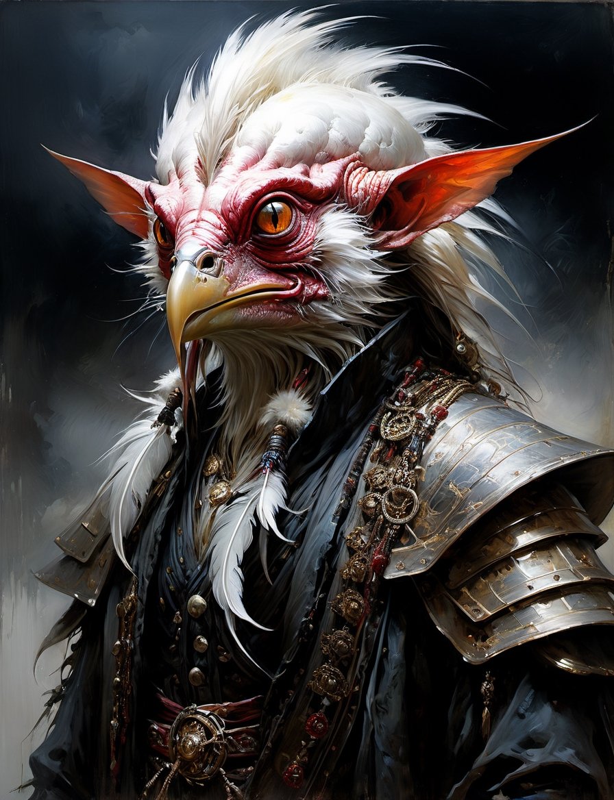 head and shoulders portrait,  anthropomorphic Hybrid bird alien pirate animal oni,  wearing traditional clothing by Crysta...