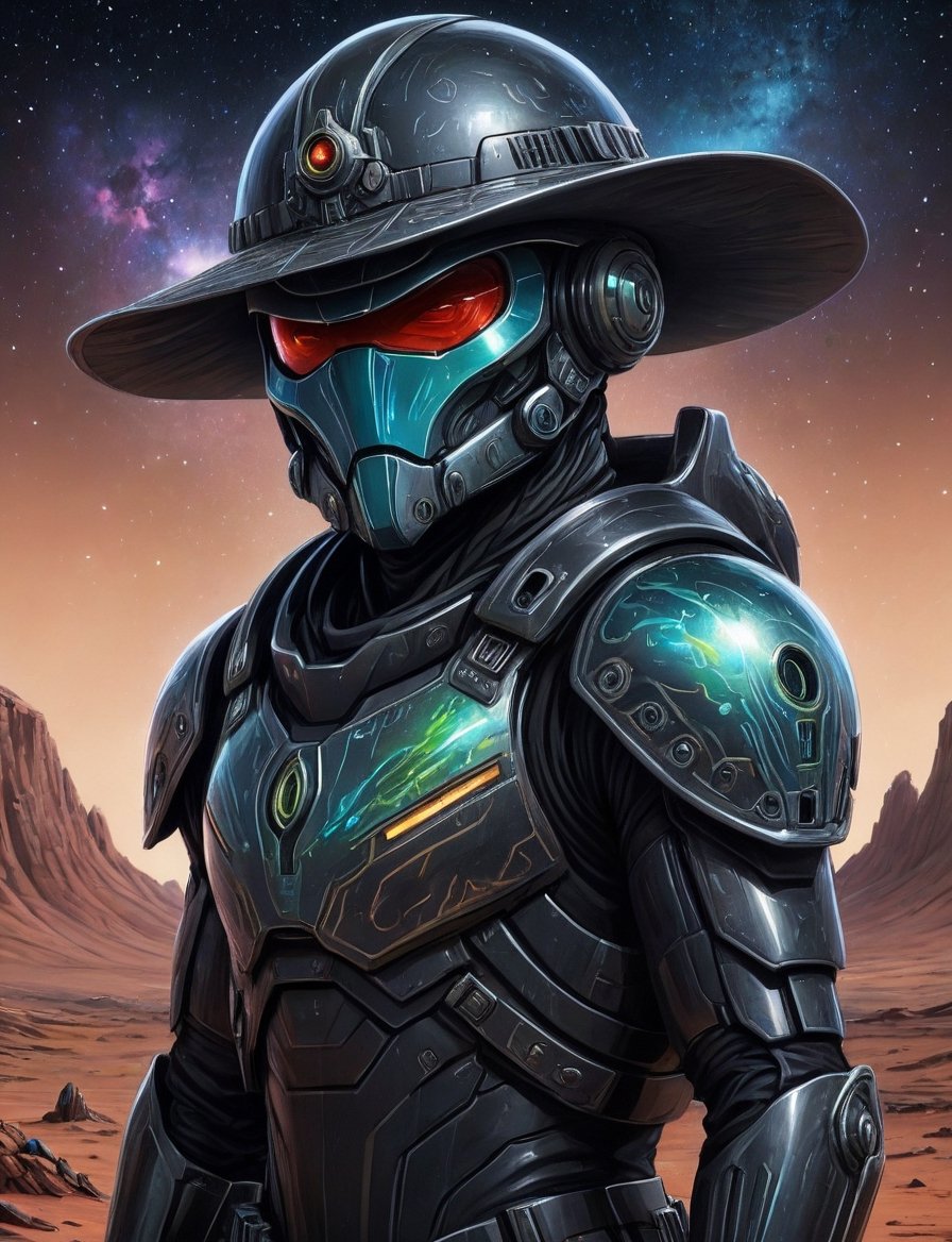 Close up,  head and shoulders portrait,  space cowboy alien trooper guardian gunslinger in futuristic iridescent and black...