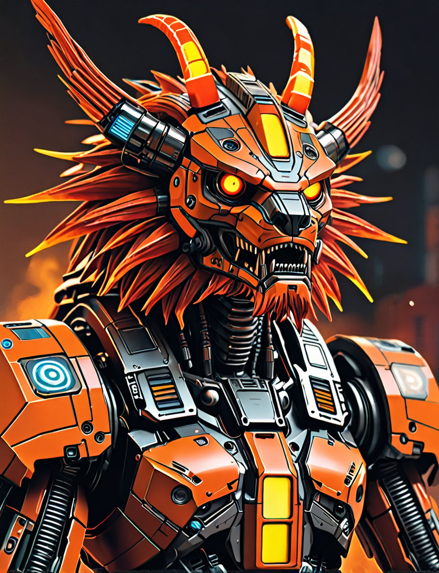 (close up, head and shoulders portrait:1.5), An extremely detailed 1970s retro-future anthropomorphic manticore robot, centered, (strong outline sketch style:1.5), 1970s minimal geometric background, red, orange, black and white tones, masterpiece, epic, sharp focus, emitting diodes, smoke, artillery, sparks, racks, system unit, motherboard, by pascal blanche rutkowski repin artstation painting concept art of detailed character design matte painting, 4 k resolution blade runner, dark muted background, detailed, comic book,dcas_lora