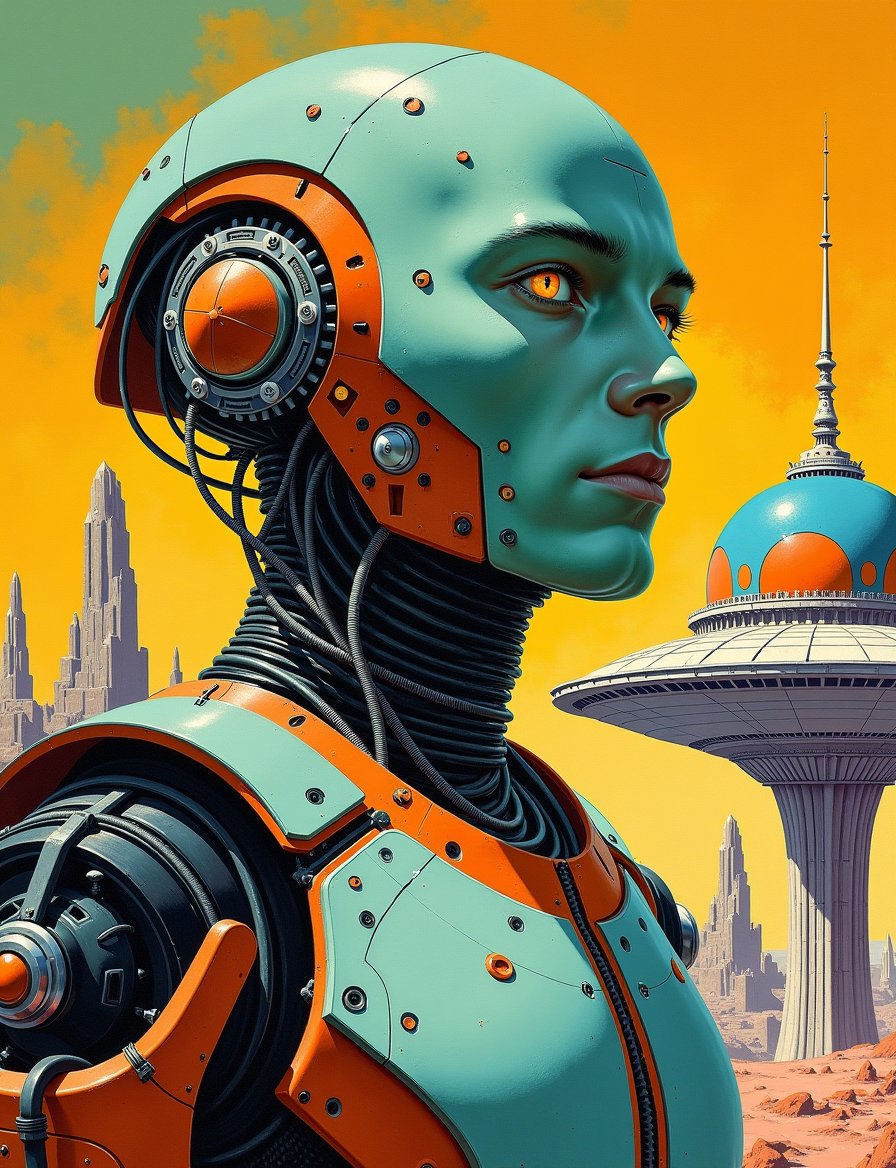 1950s retro sci-fi painting of a head and shoulders portrait,  a male synthetic android warrior ,  wearing polycarbonate a...