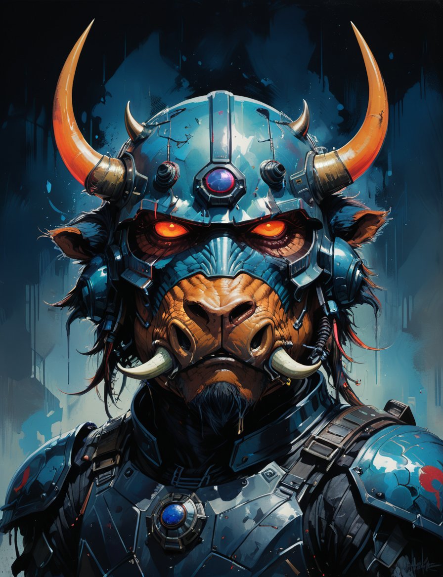 art by simon bisley, art by ralph steadman, art by vallejo, a masterpiece, stunning detail, (head and shoulders portrait:1.3), (anthropomorphic (death trooper:1.3)  (bison :1.7) oni :1.3), large oni_horns, neuromancer, cyberpunk, holographic glowing, glowing eyes, wearing black leather armor, creature fur scales , dark background , tangerine and sapphire color scheme 