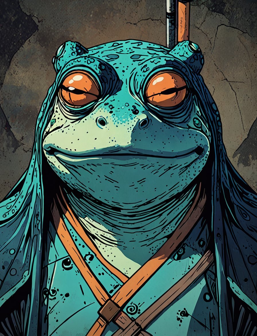 (close up, head and shoulders portrait:1.5), orange, teal, blue, violet gradient , (anthromorphic frog toad :1.5), samurai, wearing samurai armor, (strong outline sketch style:1.5), symmetrical features, gritty fantasy, (darkest dungeon art style :1.4), dark muted background, detailed,one_piece_wano_style,Dark Manga of