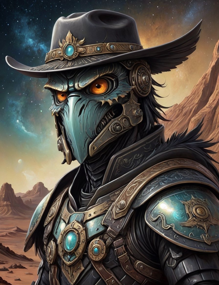 Close up,  head and shoulders portrait,  space cowboy alien anthropomorphic mechanical eagle by Crystalballmech on Tensor.Art