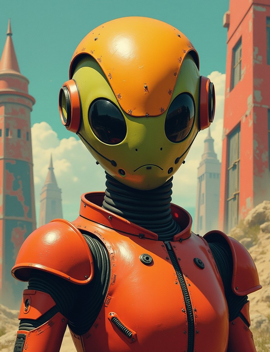 1950s retro sci-fi painting of a head and shoulders portrait,  male ,  a anthropomorphic arthropod robot bounty hunter by...
