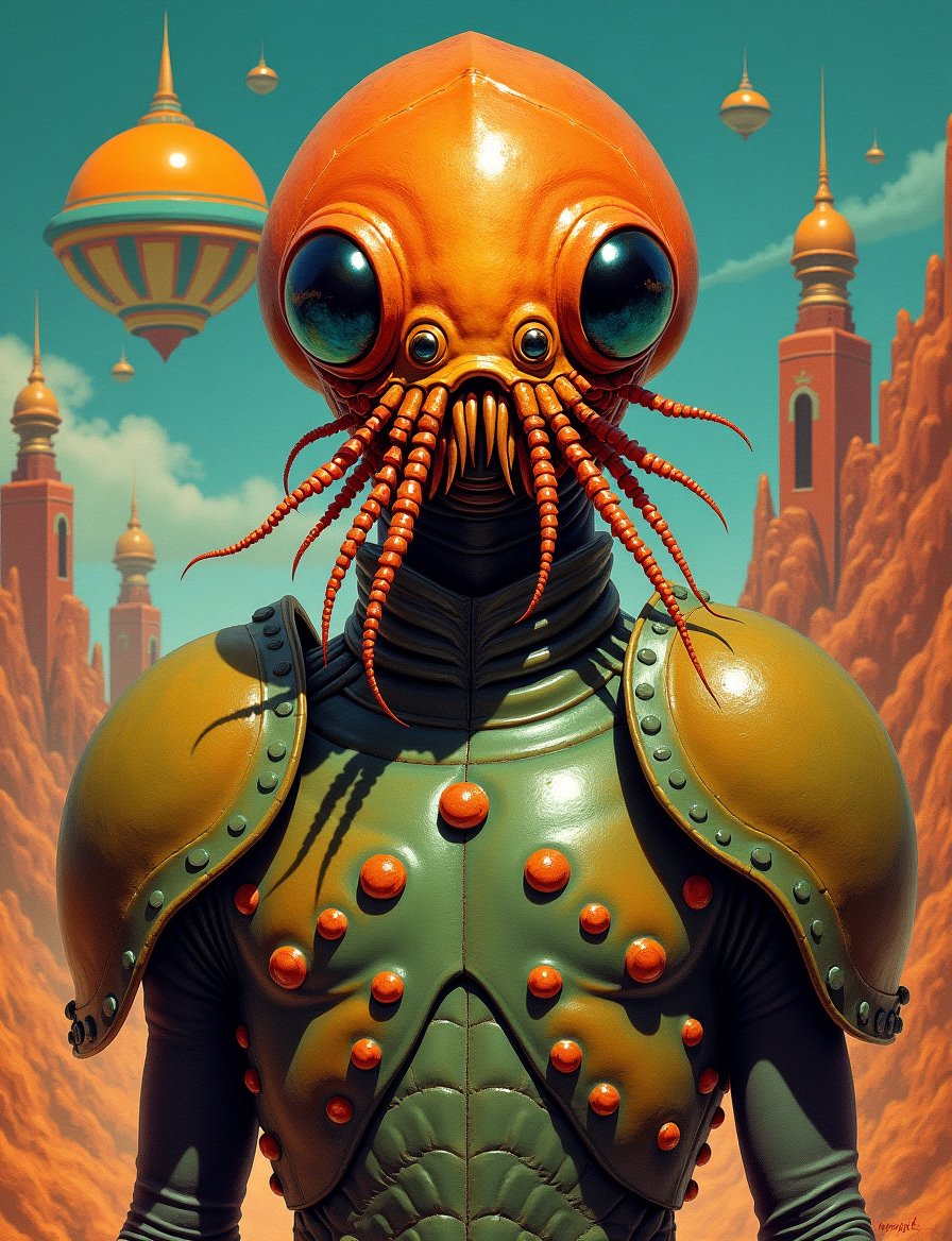 1950s retro sci-fi painting of a head and shoulders portrait,  a anthropomorphic chitinous isopod warrior ,  wearing chiti...