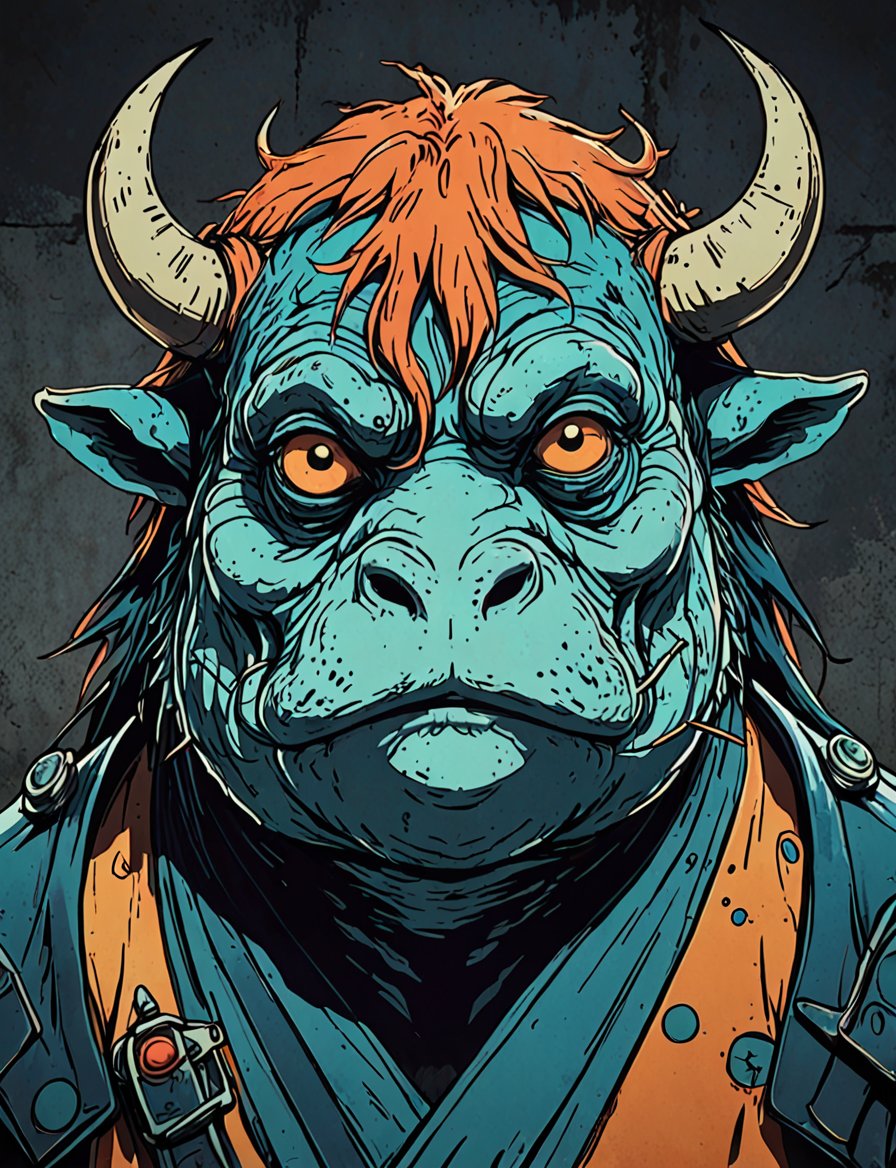 (close up, head and shoulders portrait:1.5), orange, teal, blue, violet gradient , (anthromorphic toad bison :1.5), samurai, wearing samurai armor, (strong outline sketch style:1.5), symmetrical features, gritty fantasy, (darkest dungeon art style :1.4), dark muted background, detailed,one_piece_wano_style,Dark Manga of