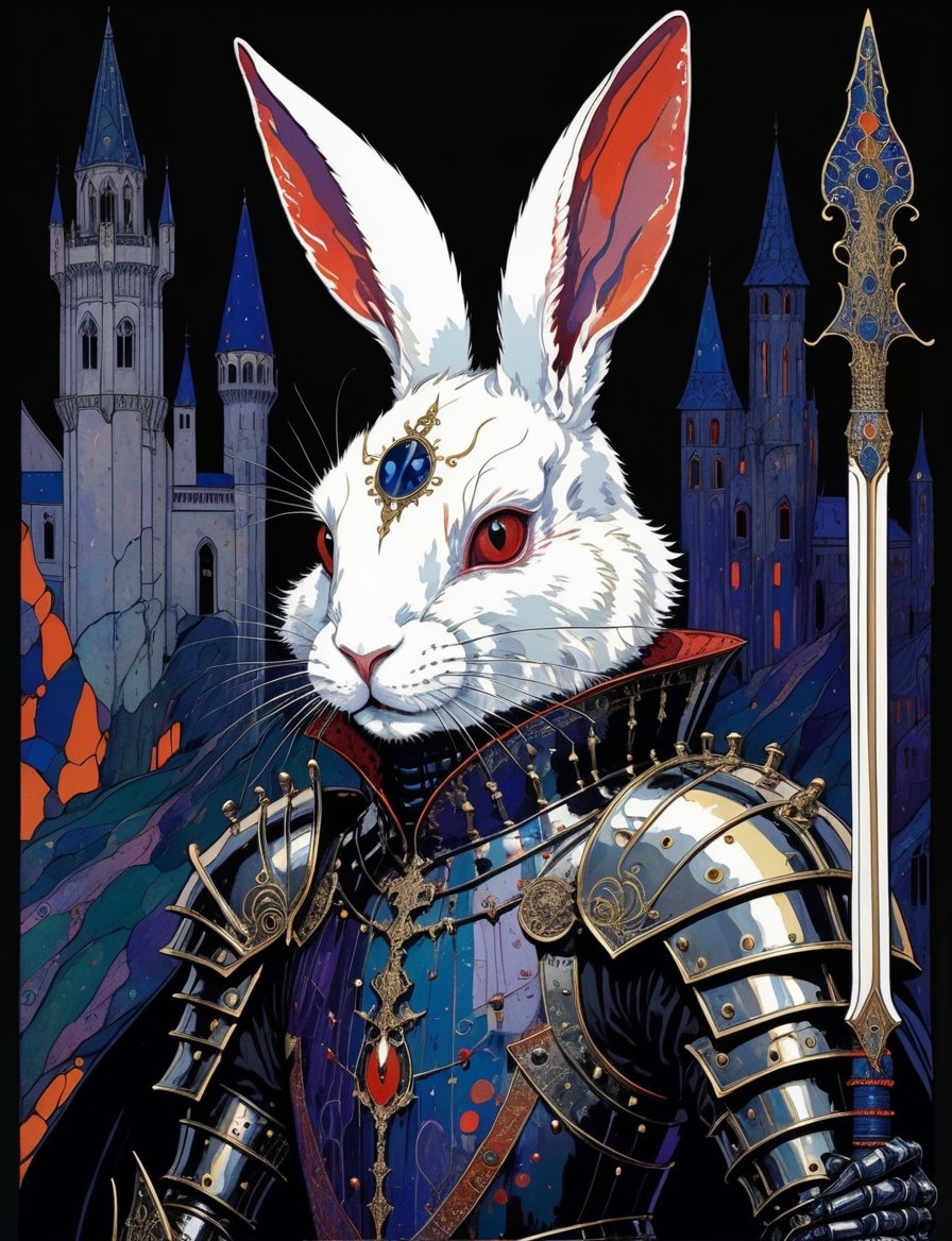 Painting of a vampire rabbit knight with a spear and armor,  in the style of harry clarke and gustav klimt,  analogous col...