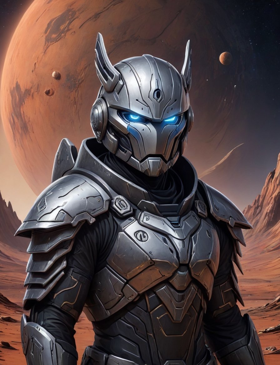 Close up,  head and shoulders portrait,  destiny 2 Warlock guardian in futuristic silver and black armor on Mars. Centered...