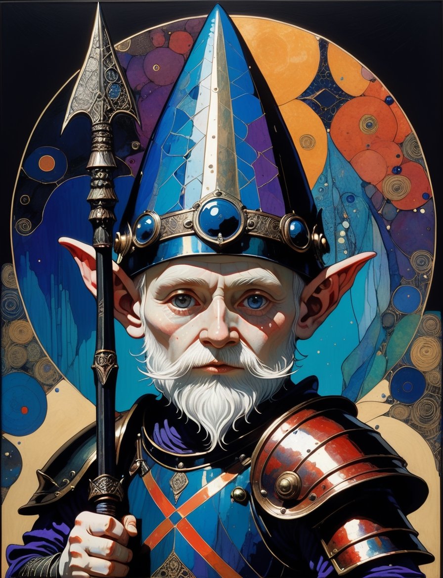 Painting of a gnome warrior with a spear and armor,  in the style of harry clarke and gustav klimt,  analogous colors and...