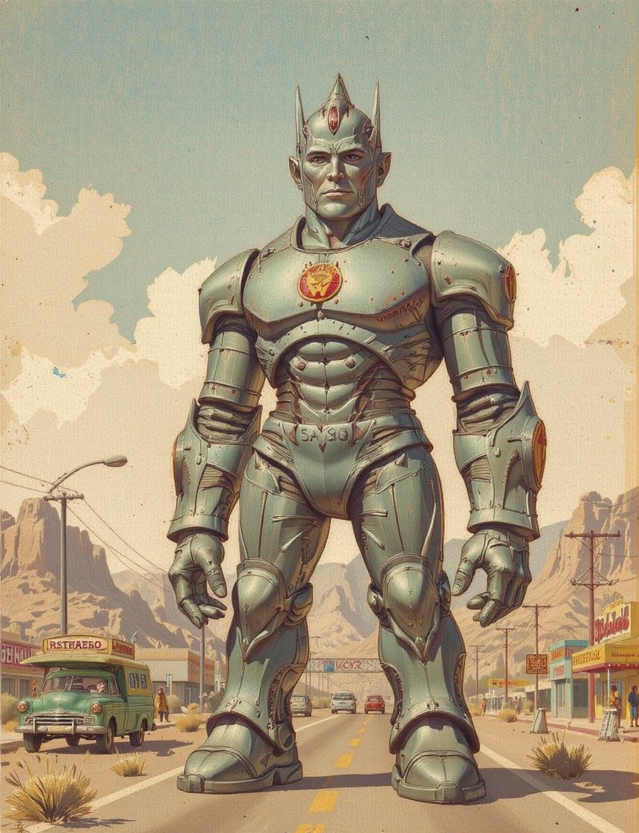 A iron giant styled with 1950s American vintage aesthetics,  featuring retro metallic designs and a desert highway backdro...