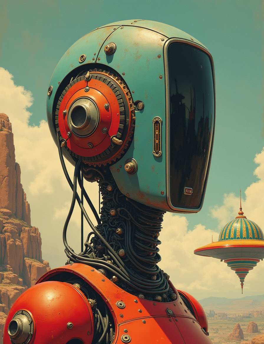 1950s retro sci-fi painting of a head and shoulders portrait,  a narrow rectangular head robot ,  wearing polycarbonate ar...