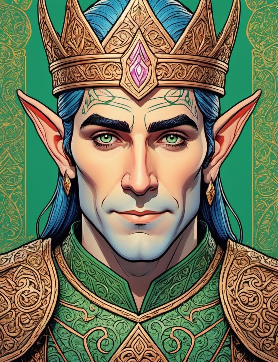 head and shoulders comic portrait of elf king wearing intricate armor with magic runes,  ,  inspired by Jesús Mari Lazkano...