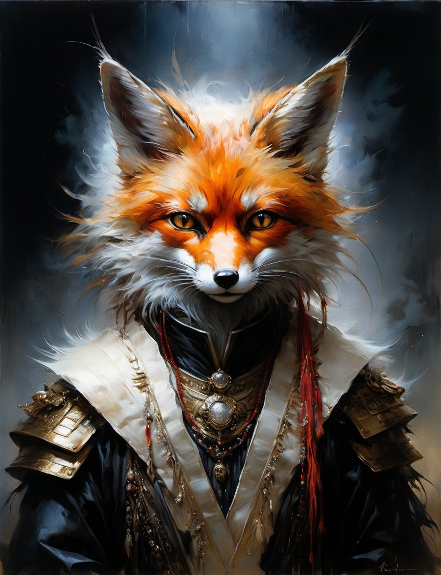 head and shoulders portrait,  anthropomorphic Hybrid bird alien fox animal oni,  wearing traditional clothing by Crystalba...