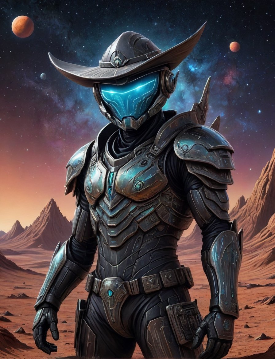 Close up,  head and shoulders portrait,  space cowboy alien guardian in futuristic iridescent and black armor on Mars by C...