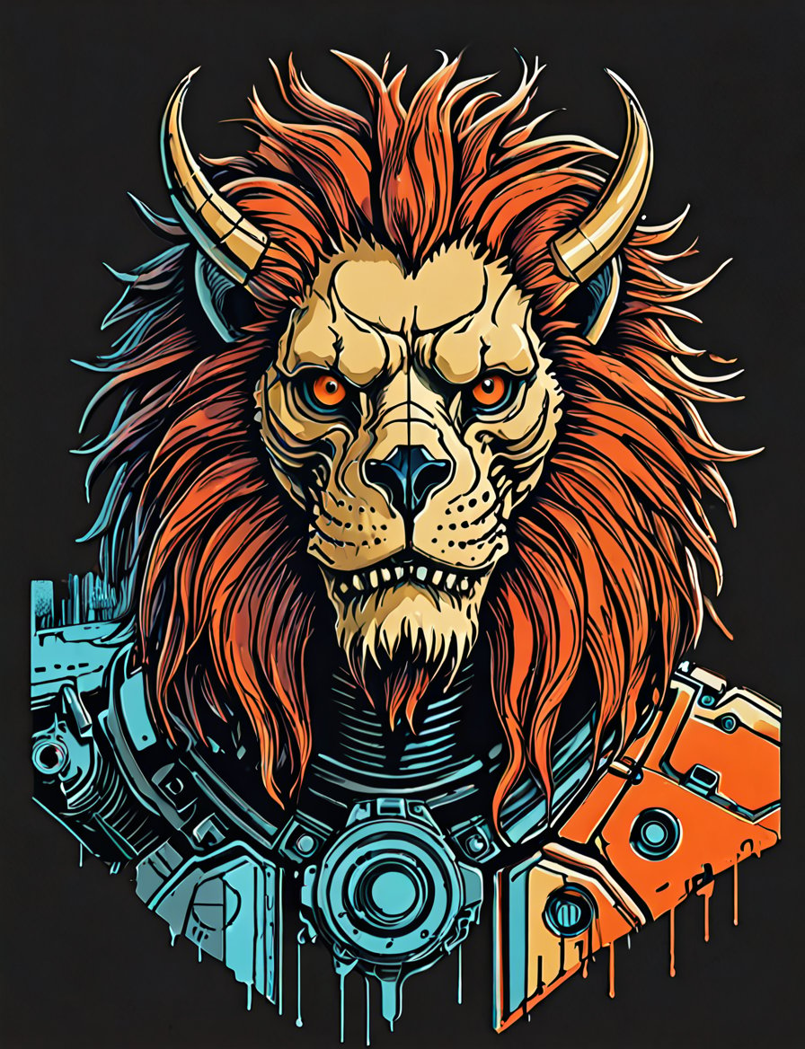 (close up, head and shoulders portrait:1.5), An extremely detailed 1970s retro-future anthropomorphic (lion skull :1.2) (manticore :1.4) robot, centered, (strong outline sketch style:1.5), (flat silkscreen art style:1.9), (solid dark background:1.2), (red, orange, sapphire, black and white tones), masterpiece, epic, by pascal blanche rutkowski repin artstation painting concept art of detailed character design matte painting, 4 k resolution blade runner, dark muted background, detailed, comic book,dcas_lora