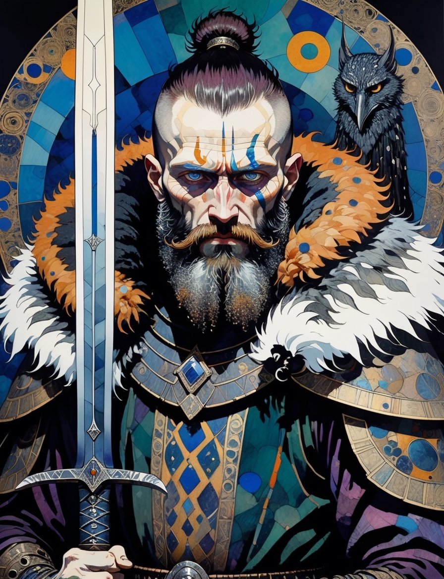Painting barbarian warrior with a two-handed greatsword and fur clothing ,  beard,  in the style of harry clarke and gusta...