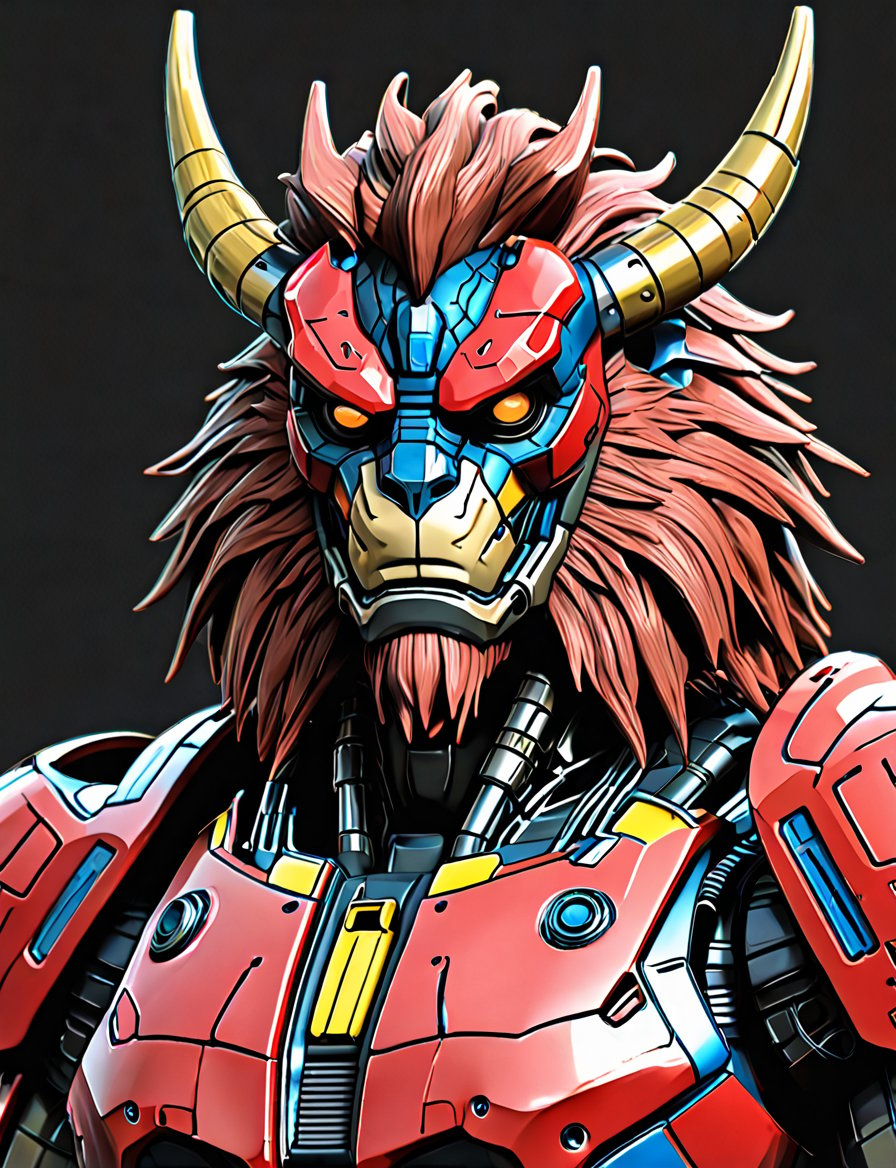 (close up, head and shoulders portrait:1.5), An extremely detailed 1970s retro-future anthropomorphic (optimus prime:1.2) (manticore :1.4) robot, centered, (strong outline sketch style:1.5), (flat silkscreen art style:1.9), (solid dark background:1.2), (retro color scheme), masterpiece, epic, by pascal blanche rutkowski repin artstation painting concept art of detailed character design matte painting, 4 k resolution blade runner, dark muted background, detailed, comic book,dcas_lora