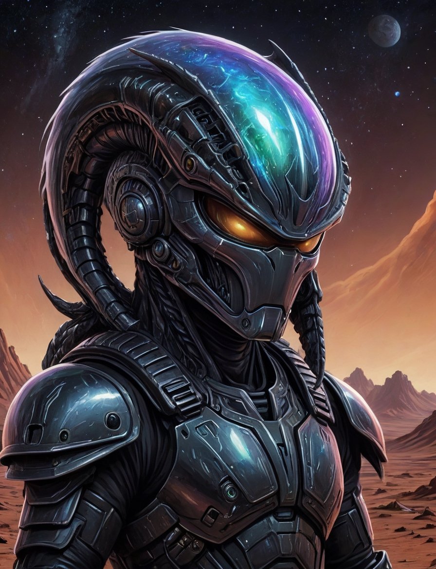 Close up,  head and shoulders portrait,  xenomorph space cowboy alien guardian in futuristic iridescent and black armor on...