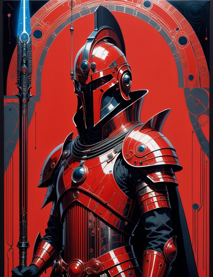Painting bounty hunter praetorian guard with a energy staff and futuristic armor ,  in the style of harry clarke and gusta...