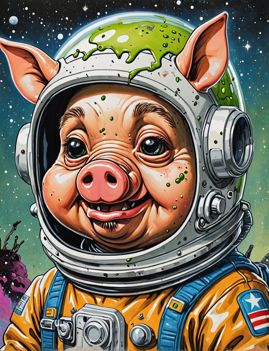 (close up, head and shoulders portrait:1.5), An extremely detailed 1980s (cartoon caricature:1.5), (oversized head caricature:1.3), anthropomorphic pig , wearing astronaut suit , radioactive slime, grunge , dystopian, in the style of garbage pail kids