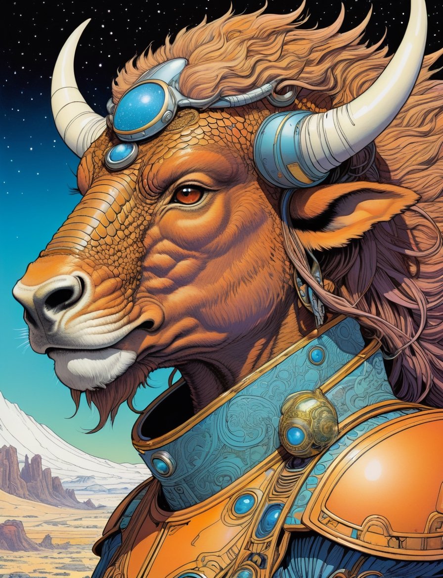Jean Giraud ((Moebius style)),  head and shoulders Portrait of a anthropomorphic female fusion with animal space sci-fi cy...