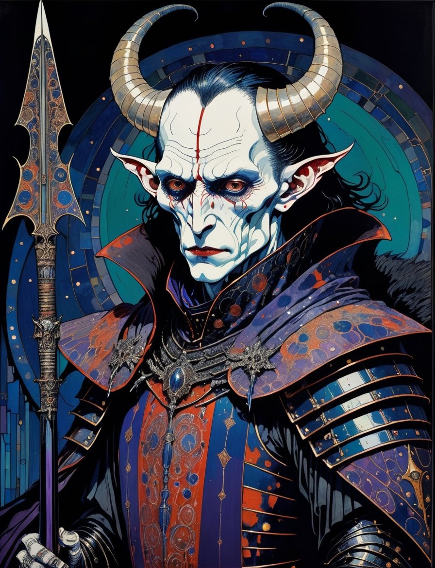 Painting of a vampire yak knight with a spear and armor,  in the style of harry clarke and gustav klimt,  analogous colors...