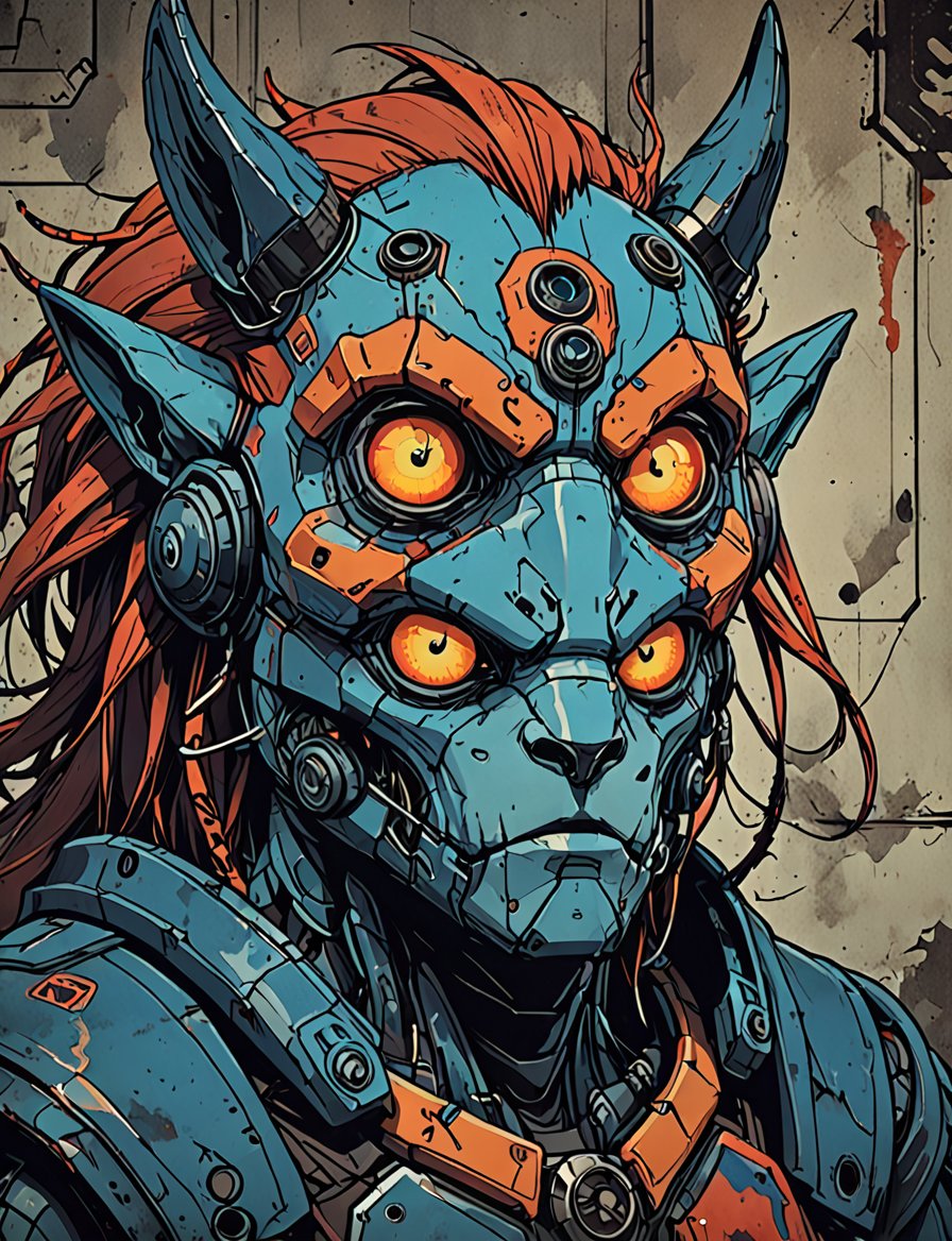 (close up, head and shoulders portrait:1.5), red, orange, blue gradient ,(anthropomorphic cyclops manticore biomechanical robot :1.5), (angular shapes:1.7), samurai, wearing samurai armor, (strong outline sketch style:1.5), symmetrical features, gritty fantasy, (darkest dungeon art style :1.4), dark muted background, detailed, Dark Manga of,Dark Anime of,Comic Book-Style 2d